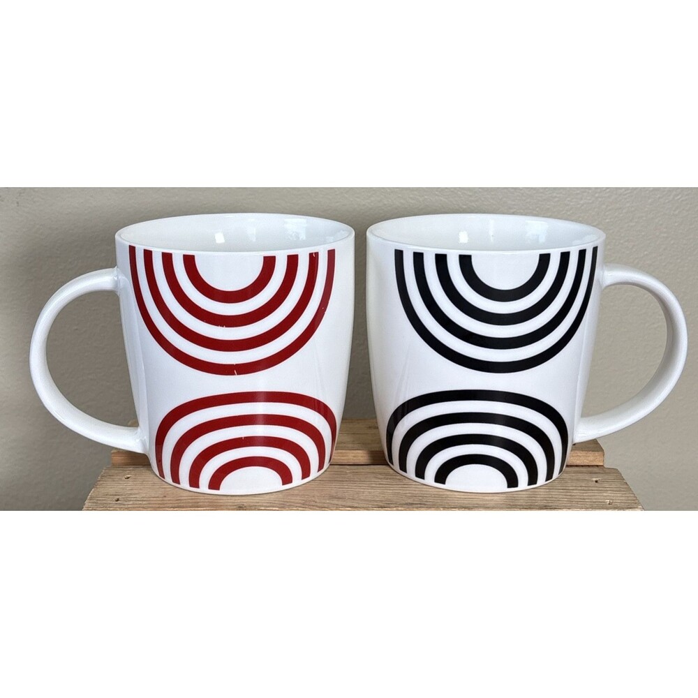 Set of 2 Gibson Spiral Mugs, One Red & One Black on White, 16 oz., GUC